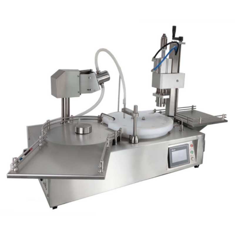 Desktop bottle filling, riveting and capping machine